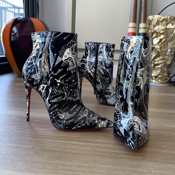 Louboutin limited edition artistic signature black/white print ankle hi boots - Picture 9 of 17